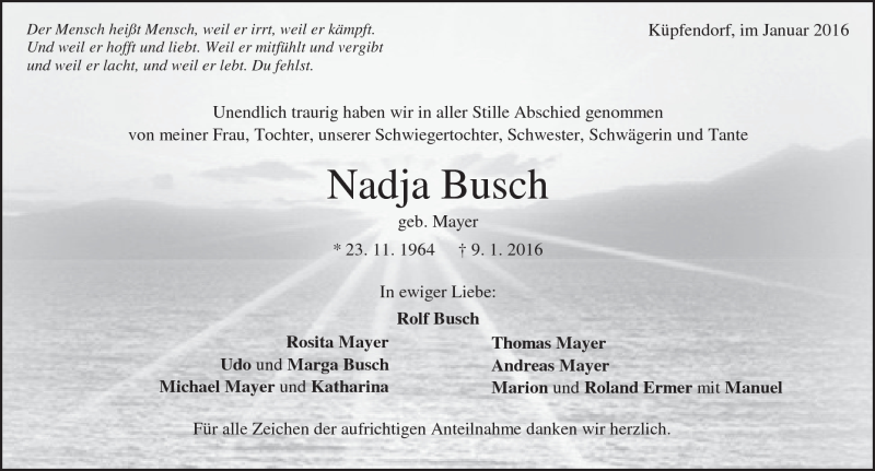  Traueranzeige für Nadja Busch vom 29.01.2016 aus Heidenheimer Zeitung
