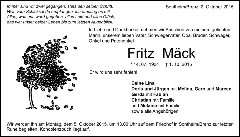  Traueranzeige für Fritz Mäck vom 02.10.2015 aus Heidenheimer Zeitung