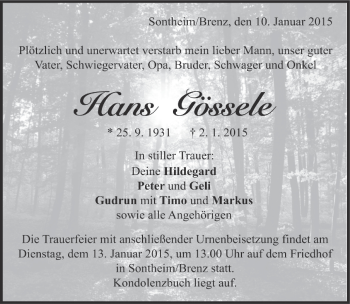 Traueranzeige von Hans Gössele von Märkische Oderzeitung
