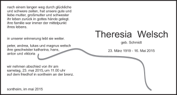 Traueranzeige von Theresia Welsch von Heidenheimer Zeitung