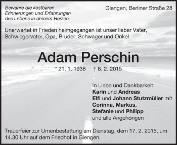 Traueranzeige von Adam Perschin von Märkische Oderzeitung
