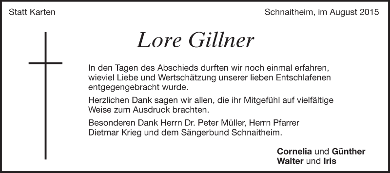  Traueranzeige für Lore Gillner vom 12.08.2015 aus Heidenheimer Zeitung