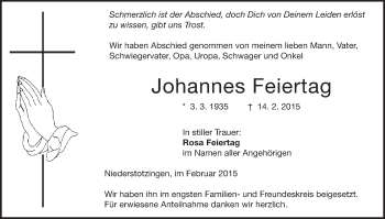 Traueranzeige von Johannes Feiertag von Märkische Oderzeitung