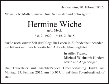 Traueranzeige von Hermine Wiche von Märkische Oderzeitung