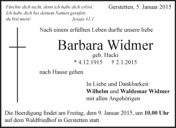 Traueranzeige von Barbara Widmer von Märkische Oderzeitung