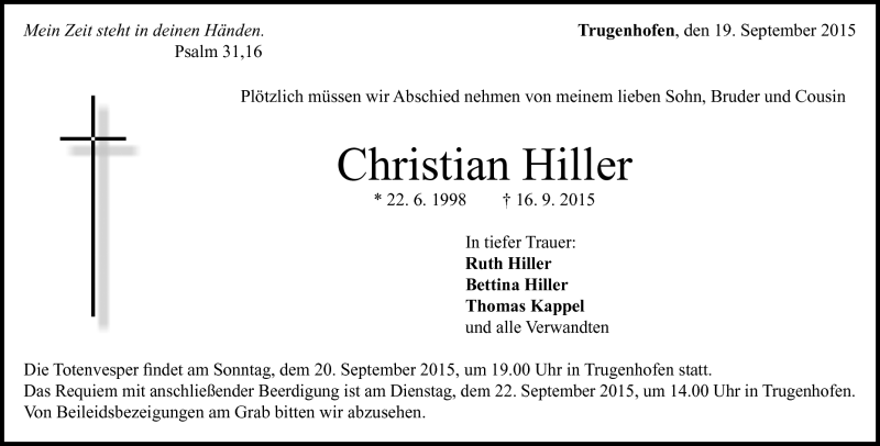  Traueranzeige für Christian Hiller vom 19.09.2015 aus Heidenheimer Zeitung