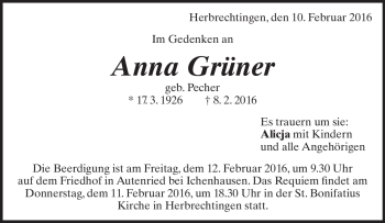 Traueranzeige von Anna Grüner von Heidenheimer Zeitung