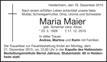 Traueranzeige von Maria  Maier von Heidenheimer Zeitung