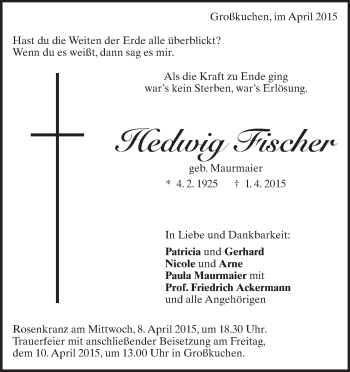 Traueranzeige von Hedwig Fischer von Märkische Oderzeitung