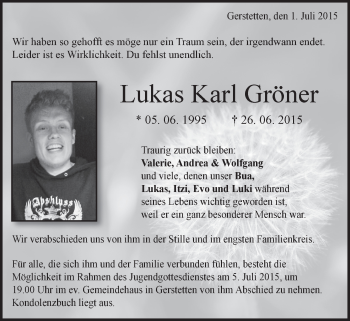 Traueranzeige von Lukas Gröner von Heidenheimer Zeitung