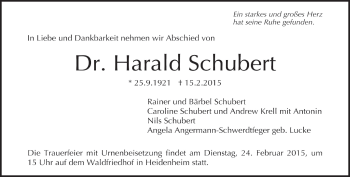 Traueranzeige von Harald Schubert von Märkische Oderzeitung