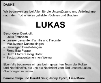 Traueranzeige von Lukas Saur von Heidenheimer Zeitung