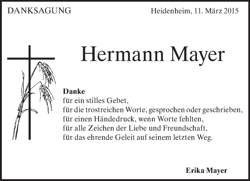  Traueranzeige für Hermann Mayer vom 12.05.2015 aus Märkische Oderzeitung