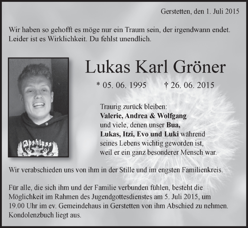  Traueranzeige für Lukas Gröner vom 01.07.2015 aus Heidenheimer Zeitung