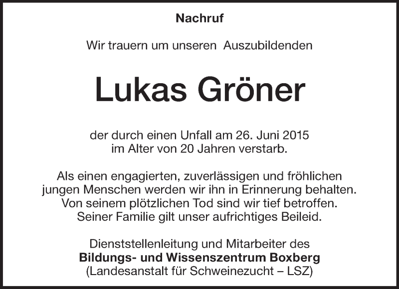  Traueranzeige für Lukas Gröner vom 23.07.2015 aus Heidenheimer Zeitung