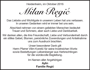 Traueranzeige von Milan Regic von Heidenheimer Zeitung