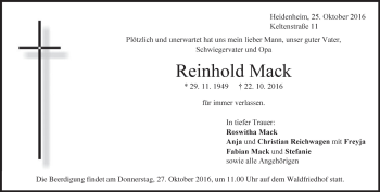 Traueranzeige von Reinhold Mack von Heidenheimer Zeitung