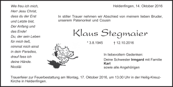 Traueranzeige von Klaus Stegmaier von Heidenheimer Zeitung