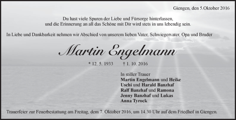  Traueranzeige für Martin Engelmann vom 05.10.2016 aus Heidenheimer Zeitung