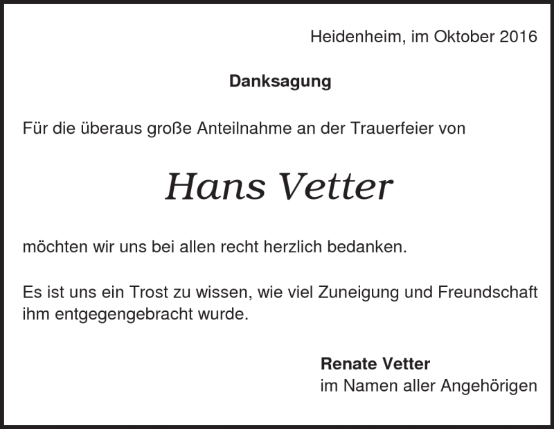  Traueranzeige für Hans Vetter vom 07.10.2016 aus Heidenheimer Zeitung