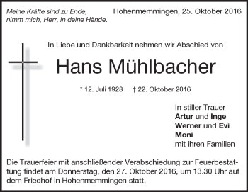 Traueranzeige von Hans Mühlbacher von Heidenheimer Zeitung