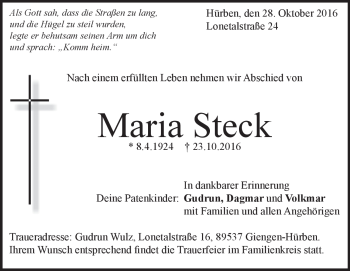 Traueranzeige von Maria Steck von Heidenheimer Zeitung