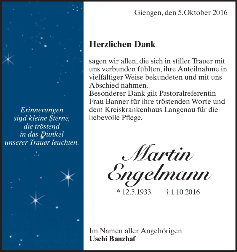  Traueranzeige für Martin Engelmann vom 22.10.2016 aus Heidenheimer Zeitung