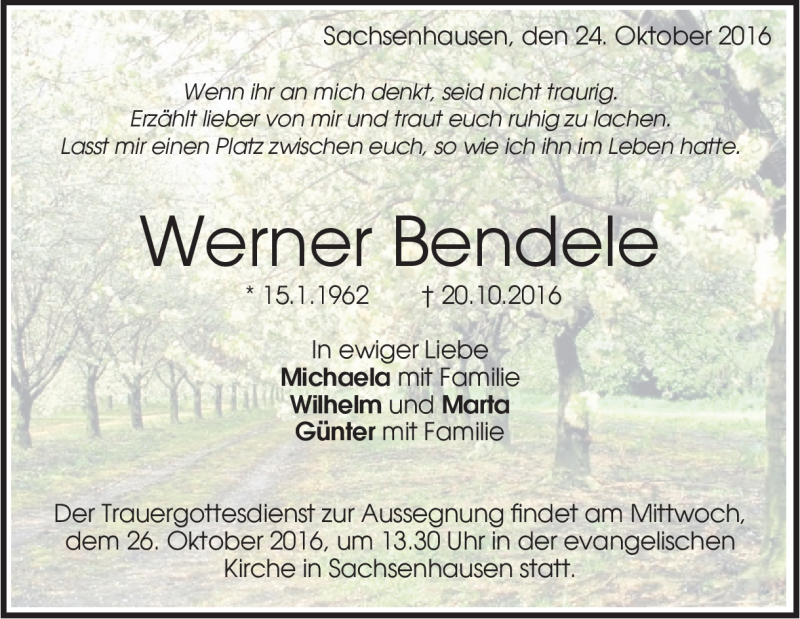  Traueranzeige für Werner Bendele vom 24.10.2016 aus Heidenheimer Zeitung