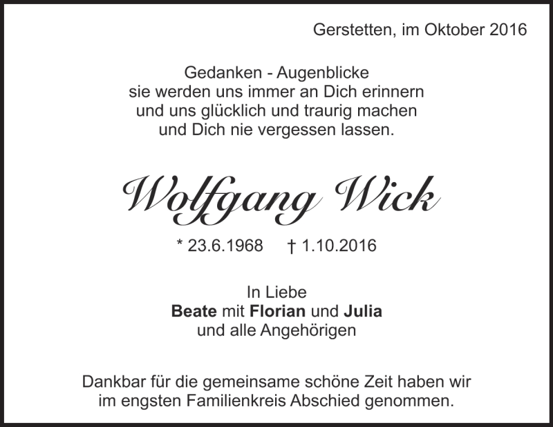  Traueranzeige für Wolfgang Wick vom 15.10.2016 aus Heidenheimer Zeitung