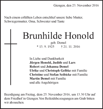 Traueranzeige von Brunhilde Honold von Heidenheimer Zeitung