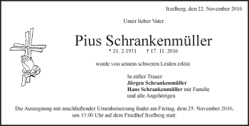 Traueranzeige von Pius Schrankenmüller von Heidenheimer Zeitung