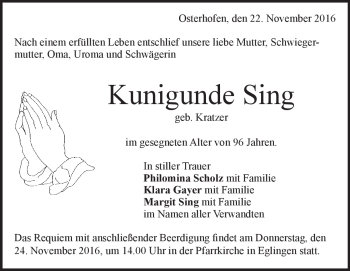 Traueranzeige von Kunigunde Sing von Heidenheimer Zeitung