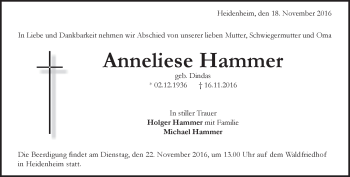 Traueranzeige von Anneliese Hammer von Heidenheimer Zeitung
