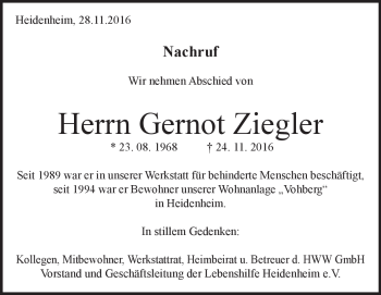 Traueranzeige von Gernot Ziegler von Heidenheimer Zeitung