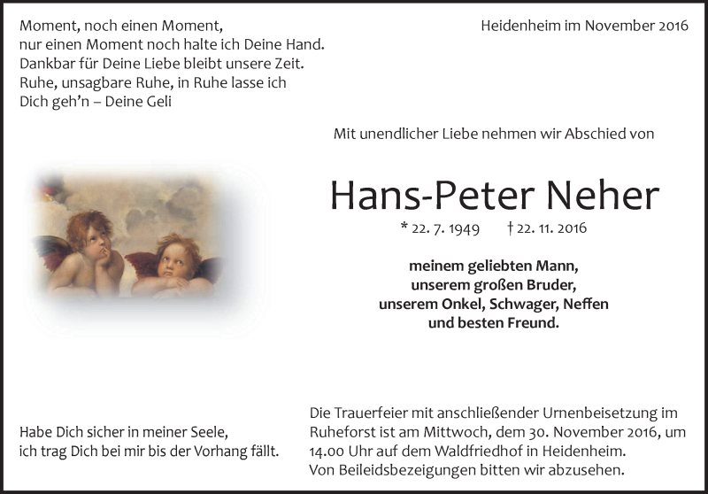  Traueranzeige für Hans-Peter Neher vom 28.11.2016 aus 