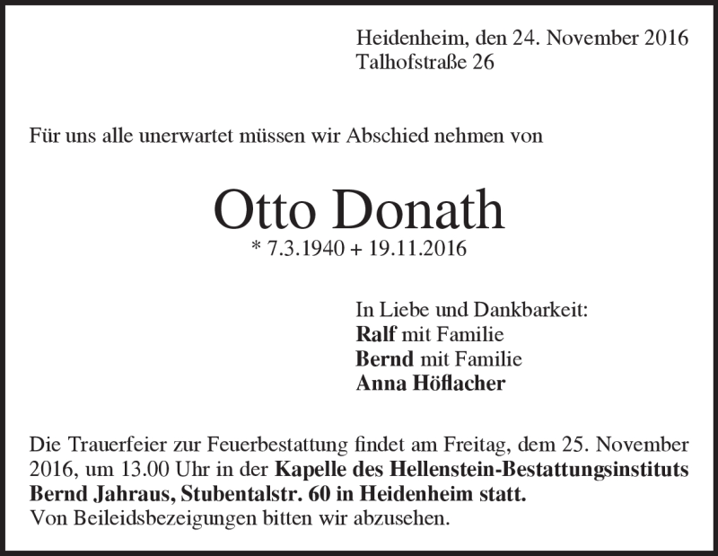  Traueranzeige für Otto Donath vom 24.11.2016 aus Heidenheimer Zeitung