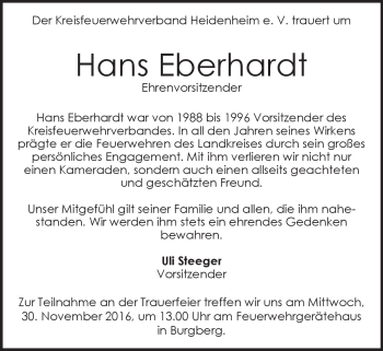 Traueranzeige von Hans Eberhardt von Heidenheimer Zeitung