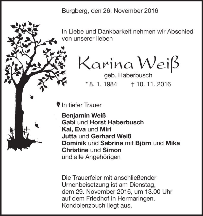  Traueranzeige für Karina Weiß vom 26.11.2016 aus Heidenheimer Zeitung