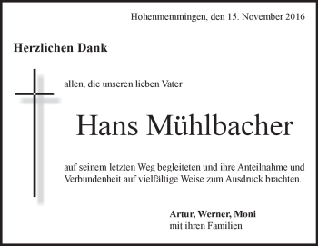 Traueranzeige von Hans Mühlbacher von Heidenheimer Zeitung
