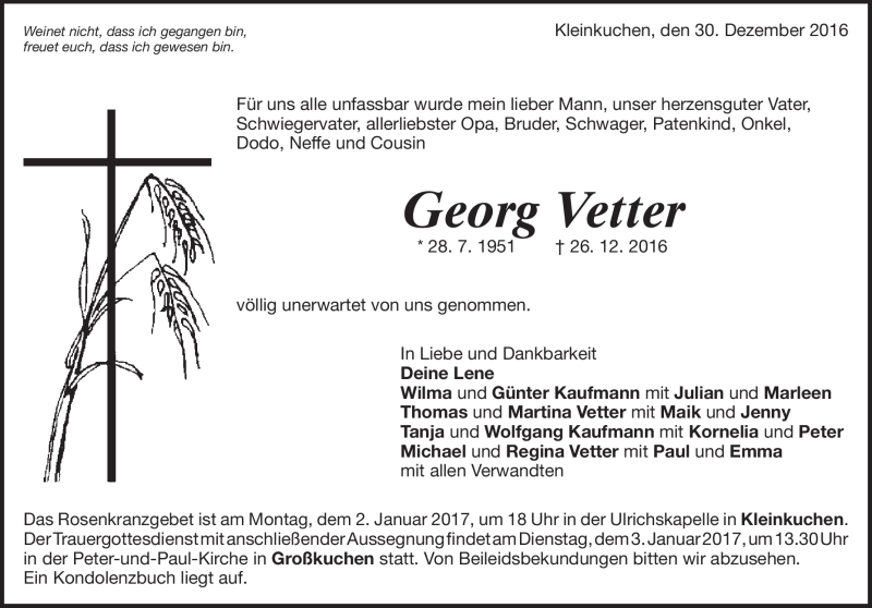  Traueranzeige für georg Vetter vom 30.12.2016 aus Heidenheimer Zeitung