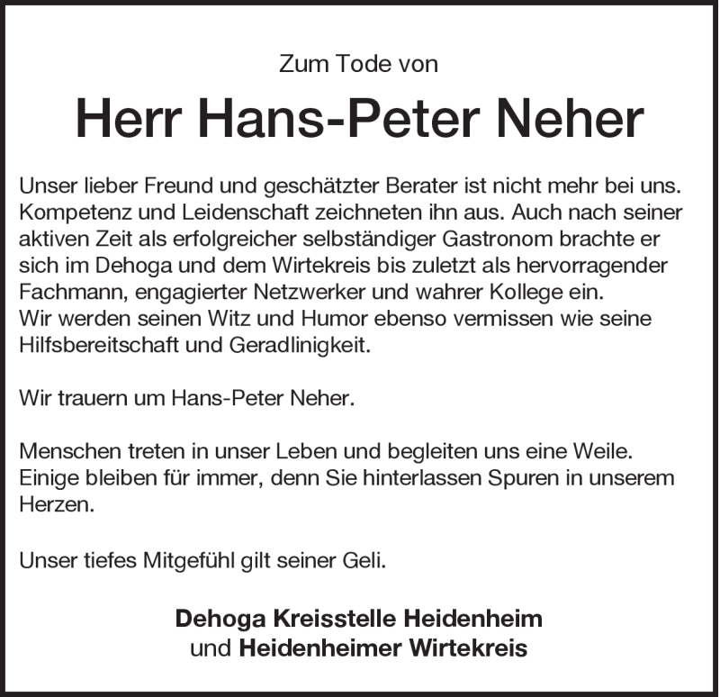  Traueranzeige für Hans-Peter Neher vom 03.12.2016 aus Heidenheimer Zeitung
