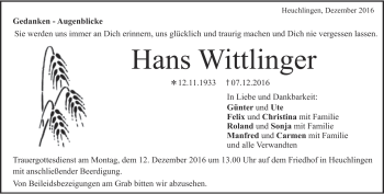 Traueranzeige von Hans Wittlinger von Heidenheimer Zeitung