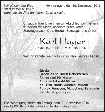 Traueranzeige von Karl Hager von Heidenheimer Zeitung