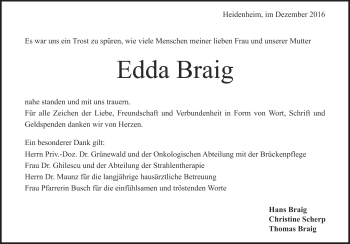 Traueranzeige von Edda Braig von Heidenheimer Zeitung