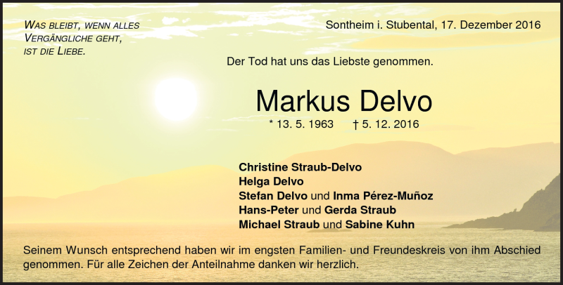  Traueranzeige für Markus Delvo vom 17.12.2016 aus Heidenheimer Zeitung