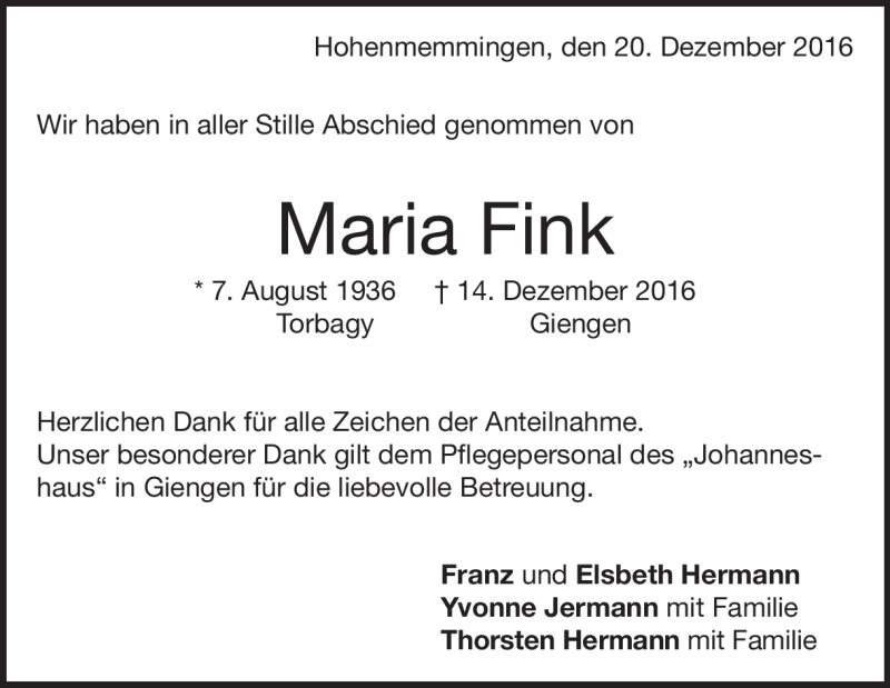 Traueranzeigen Von Maria Fink | Trauer.hz.de