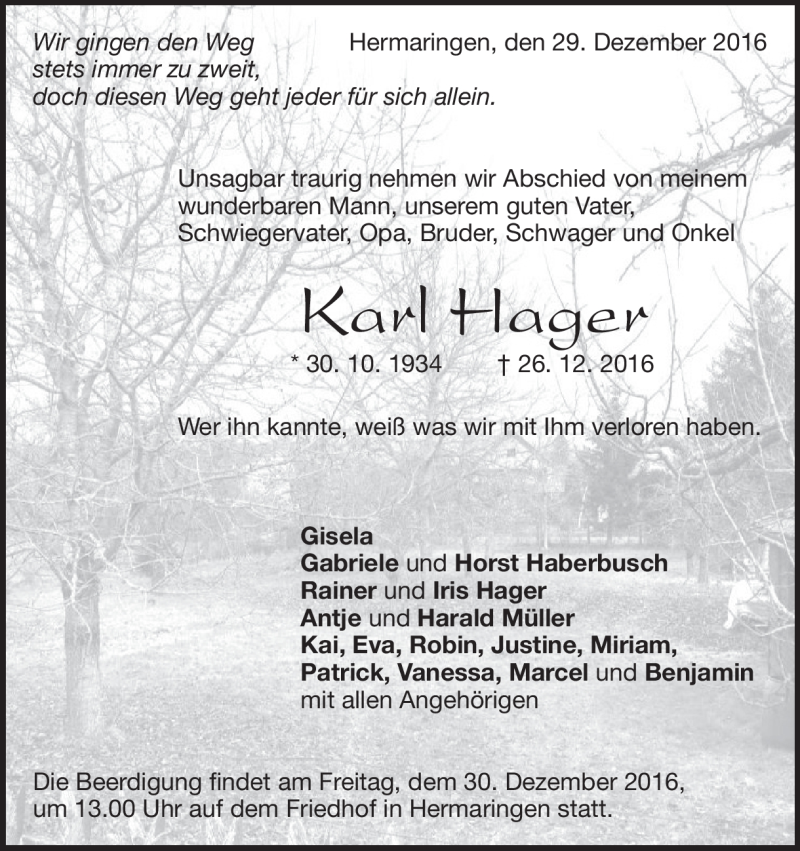  Traueranzeige für Karl Hager vom 29.12.2016 aus Heidenheimer Zeitung