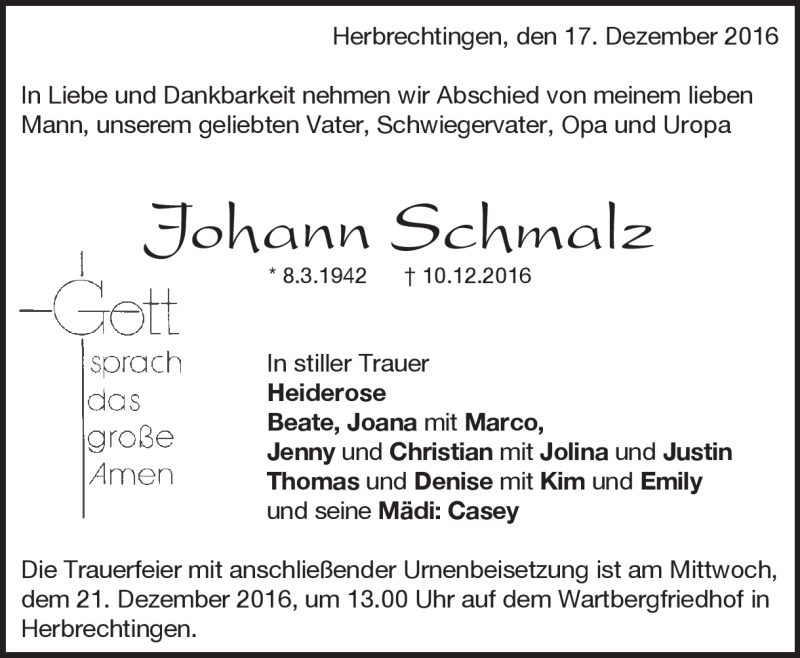  Traueranzeige für Johann Schmalz vom 17.12.2016 aus Heidenheimer Zeitung
