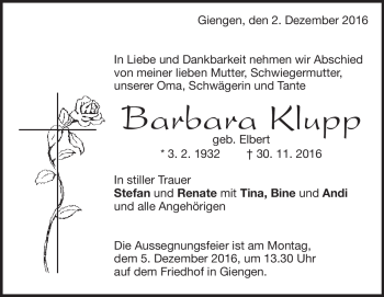 Traueranzeige von Barbara Klupp von Heidenheimer Zeitung