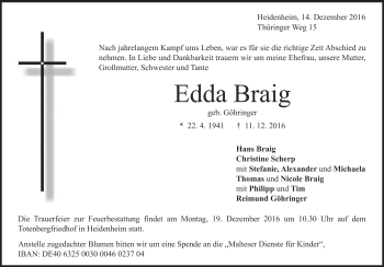 Traueranzeige von Edda Braig von Heidenheimer Zeitung